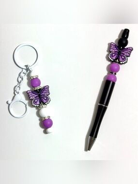 Hand Crafted Purple Butterfly Beaded Pen & Matching Keychain Gift Set